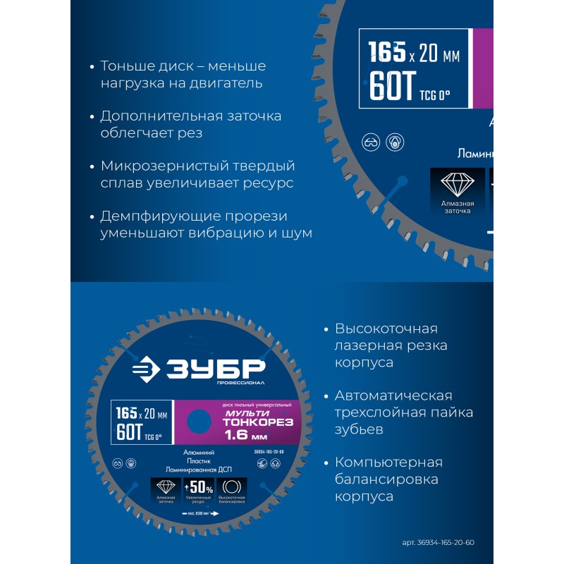 Диск пильный универсальный Мульти Тонкорез 165х20x1.6 мм, 60Т Зубр 36934-165-20-60