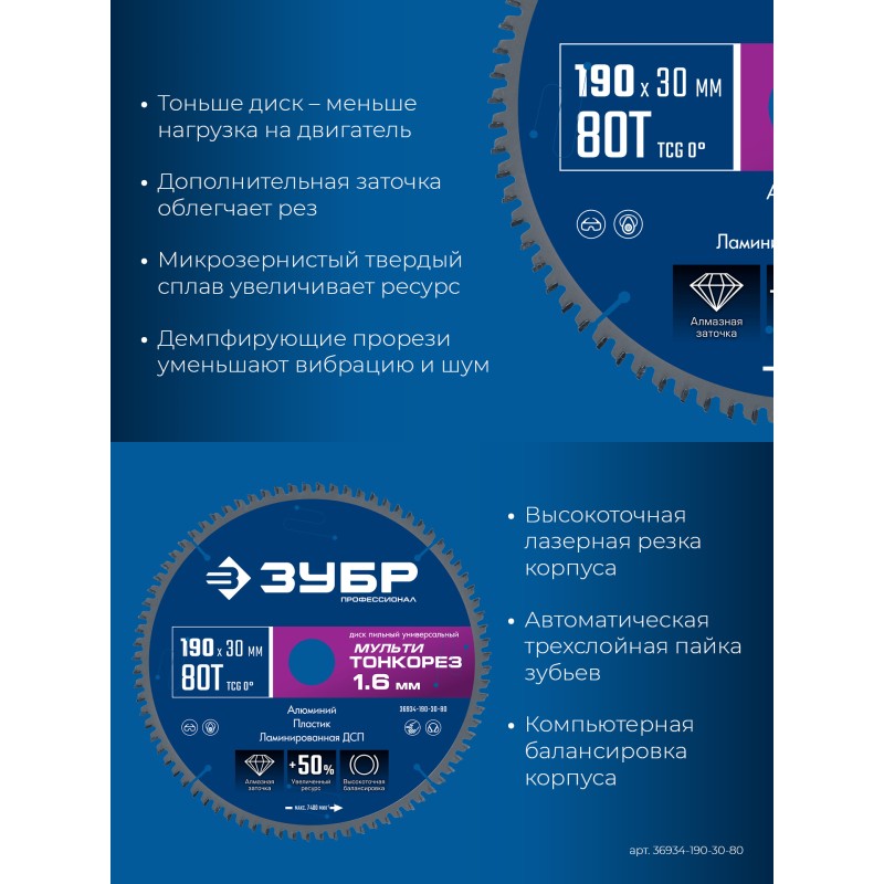 Диск пильный универсальный Мульти Тонкорез 190х30x1.6 мм, 80Т Зубр 36934-190-30-80