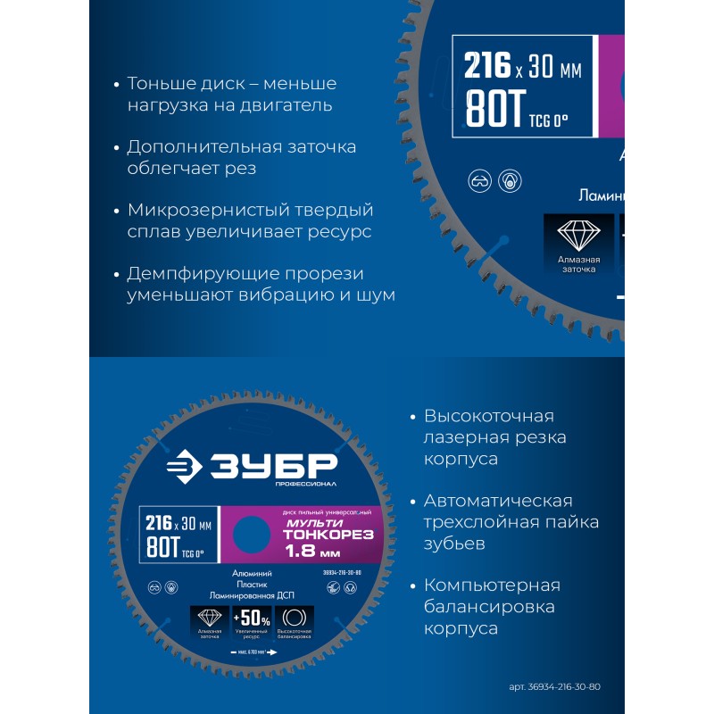 Диск пильный универсальный Мульти Тонкорез 216х30x1.8 мм, 80Т Зубр 36934-216-30-80