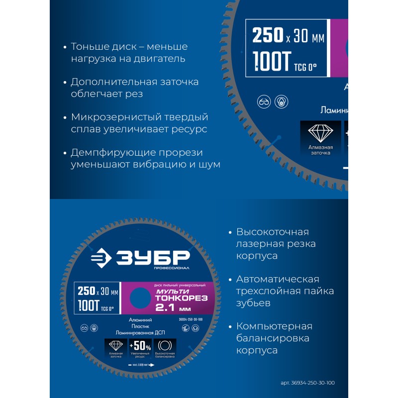 Диск пильный универсальный тонкий рез Мульти Тонкорез 250х30x2.1 мм, 100Т Зубр 36934-250-30-100
