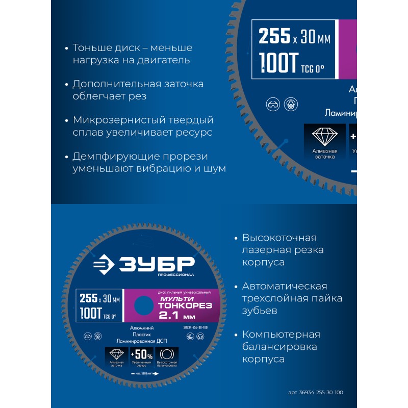 Диск пильный универсальный тонкий рез Мульти Тонкорез 255х30x2.1 мм, 100Т Зубр 36934-255-30-100