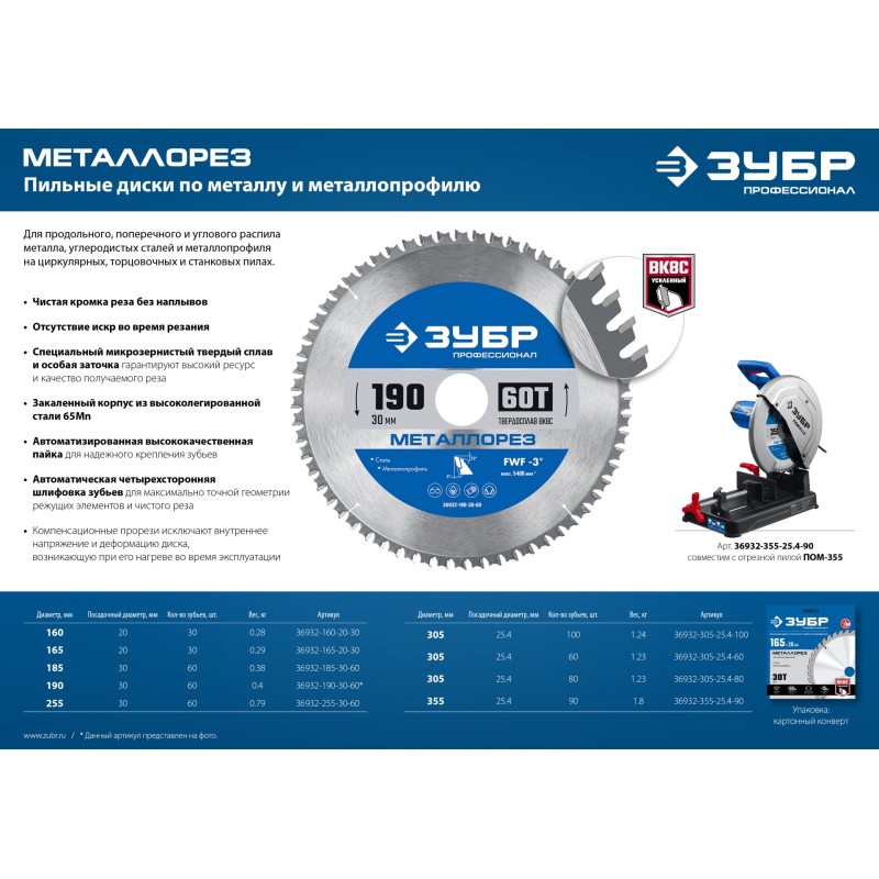 Диск пильный по металлу и металлопрофилю Металлорез 185x30 мм, 60Т Зубр 36932-185-30-60