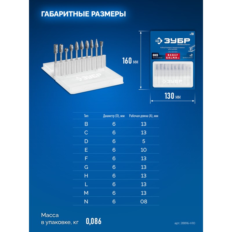 Набор борфрез твердосплавных хв-к 3 мм 10 шт Зубр 28816-H10