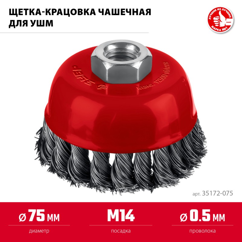 Щетка чашечная для УШМ 75хМ14, жгутированная стальная проволока 0.5 мм, посад. М14 Зубр 35172-075