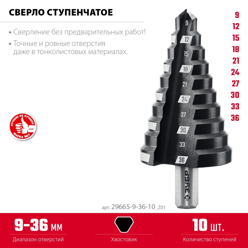 Сверло ступенчатое 9-36 мм, 10 ступеней Зубр 29665-9-36-10_z01 Сверло ступенчатое 9-36 мм, 10 ступеней Зубр 29665-9-36-10_z01