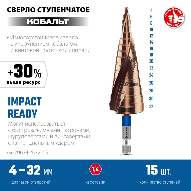 Сверло ступенчатое КОБАЛЬТ 4-32 мм, 15 ступеней, винтовая проточка Зубр 29674-4-32-15
