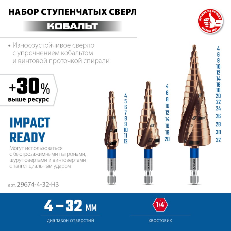 Набор ступенчатых сверл КОБАЛЬТ 3 шт. 4-32 мм, винтовая проточка Зубр 29674-4-32-H3