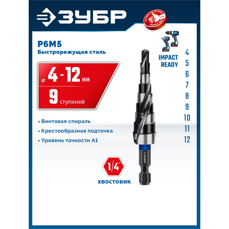 Сверло ступенчатое BLACK FORCE 4-12 мм, 9 ступеней, винтовая проточка Зубр 29671-4-12-9
