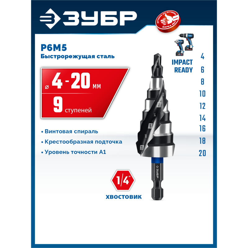 Сверло ступенчатое BLACK FORCE 4-20 мм, 9 ступеней, винтовая проточка Зубр 29671-4-20-9