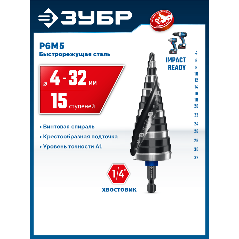 Сверло ступенчатое BLACK FORCE 4-32 мм, 15 ступеней, винтовая проточка Зубр 29671-4-32-15