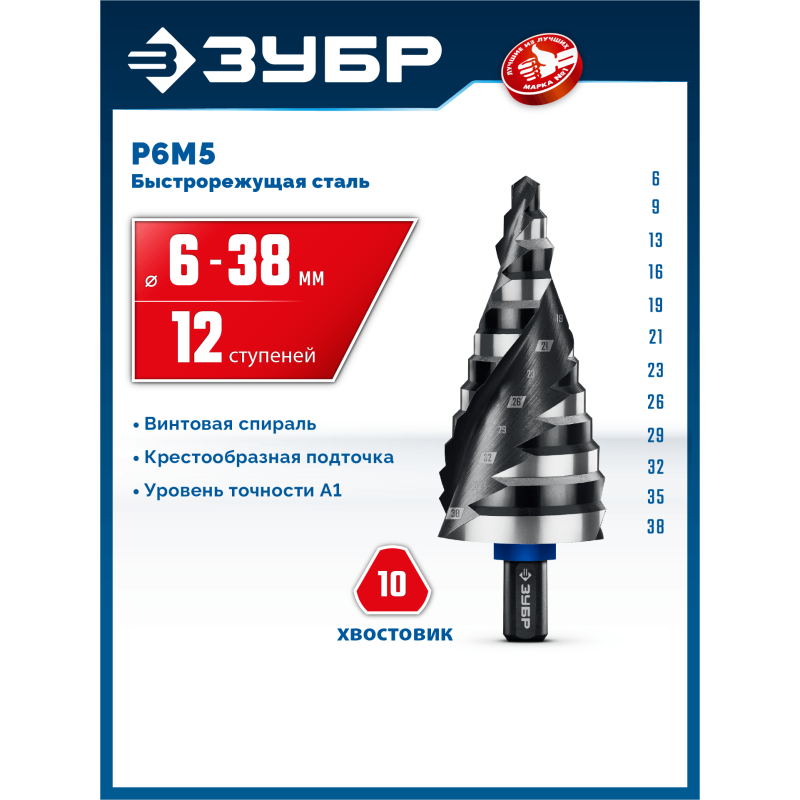 Сверло ступенчатое BLACK FORCE 6-38 мм, 12 ступеней, винтовая проточка Зубр 29671-6-38-12