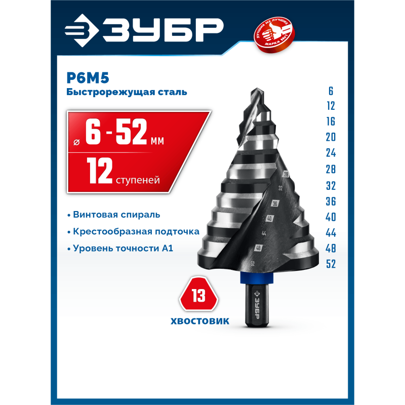 Сверло ступенчатое BLACK FORCE 6-52 мм, 12 ступеней, винтовая проточка Зубр 29671-6-52-12
