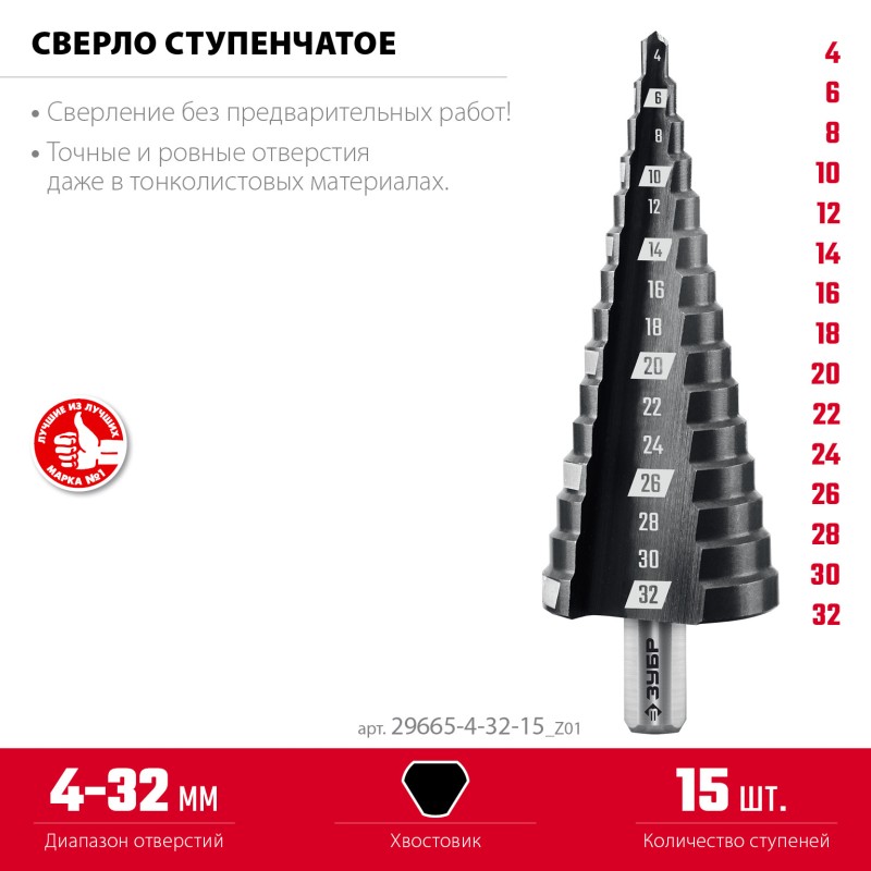 Сверло ступенчатое 4-32 мм, 15 ступеней Зубр 29665-4-32-15_z01