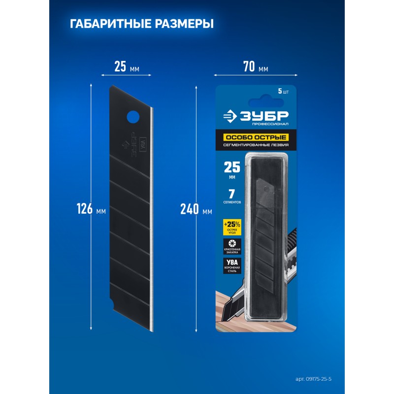 Лезвия сегментированные ВОРОНЕНЫЕ ЗУБР 09715-25-5 серия ПРОФЕССИОНАЛ