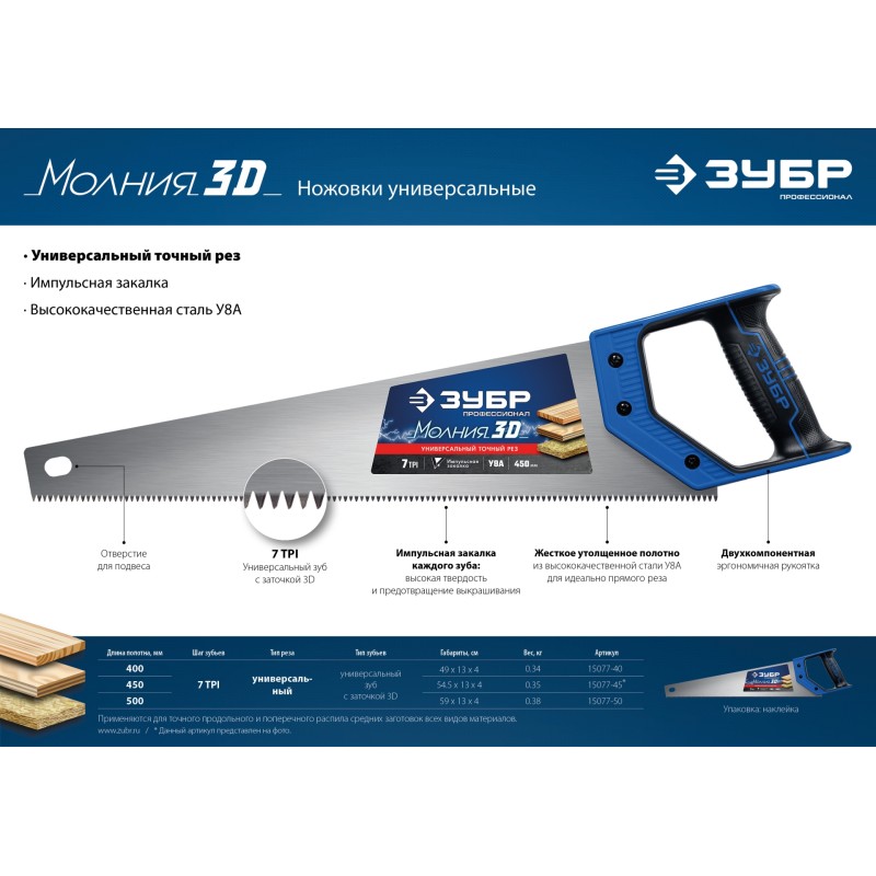 Ножовка по дереву МОЛНИЯ-3D ЗУБР 15077-45_z01