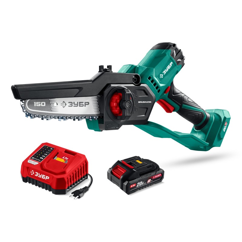 Аккумуляторная цепная мини-пила 20 В, 150 мм шина, 1 АКБ LMS (2 Ач) Зубр ПЦБ-2015-21