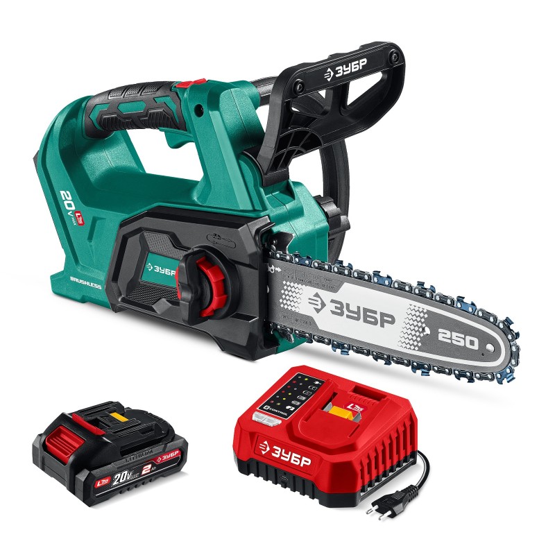 Аккумуляторная цепная пила 20 В, 250 мм шина, 1 АКБ LMS (2 Ач) Зубр ПЦБ-2025-21