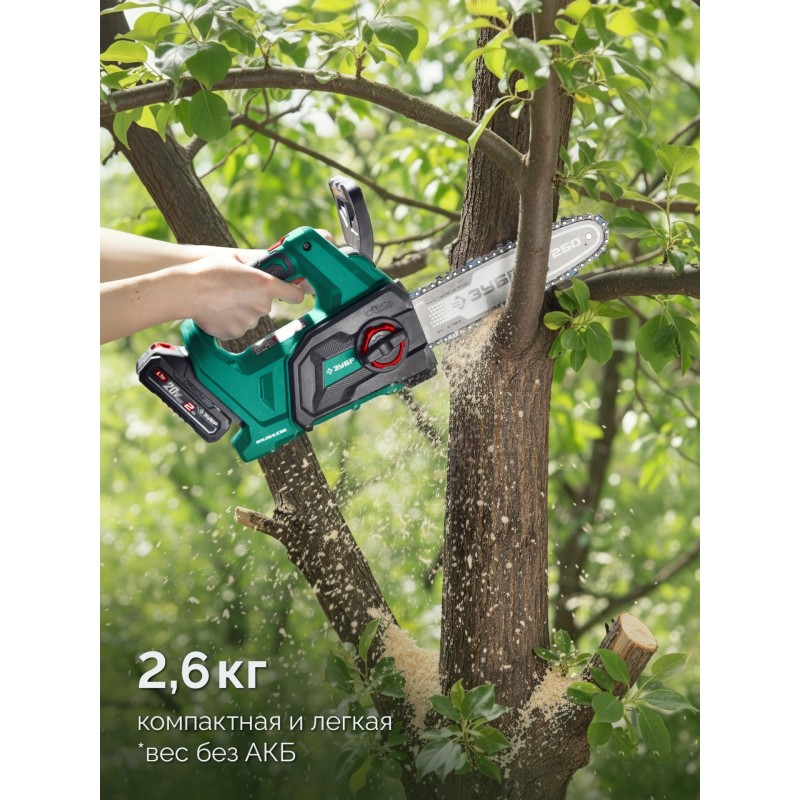 Аккумуляторная цепная пила 20 В, 250 мм шина, 1 АКБ LMS (2 Ач) Зубр ПЦБ-2025-21