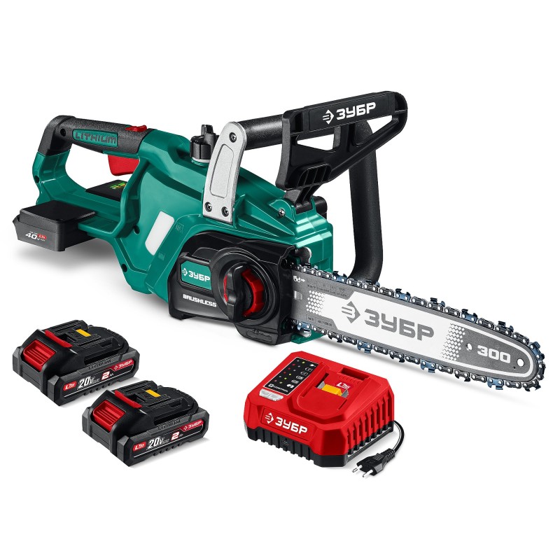 Аккумуляторная цепная пила 40 В, (2x20В), 300 мм шина, 2 АКБ LMS (2 Ач) Зубр ПЦБ-4030-22