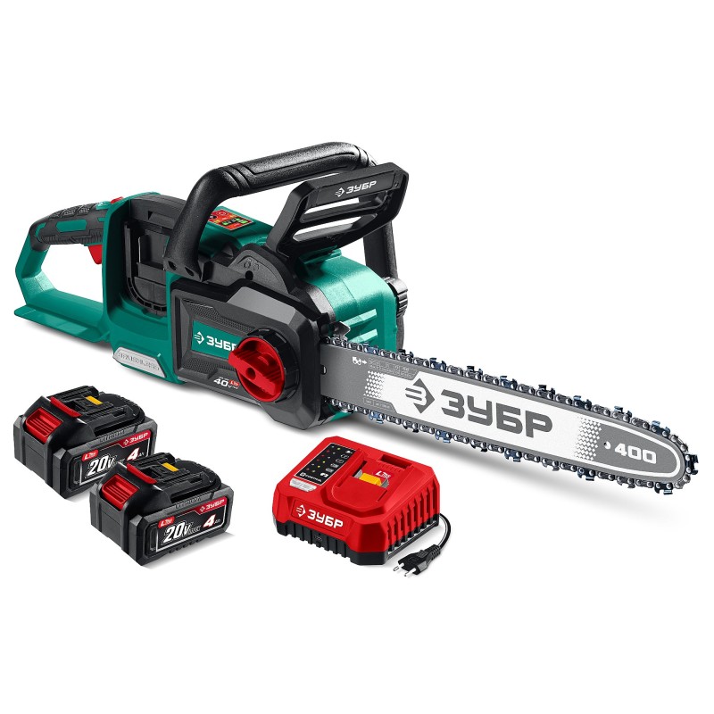 Аккумуляторная цепная пила 40 В, (2x20В), 400 мм шина, 2 АКБ LMS (4 Ач) Зубр ПЦБ-4040-42
