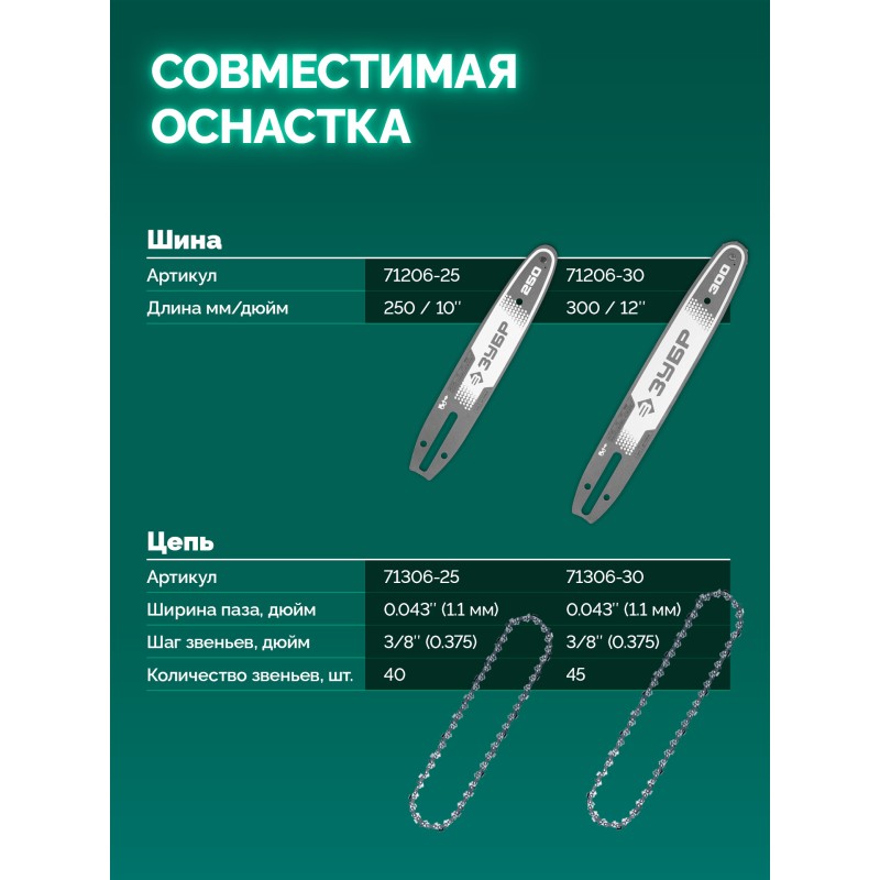 Аккумуляторная цепная пила 20 В, 250 мм шина, 1 АКБ LMS (2 Ач) Зубр ПЦБ-2025-21