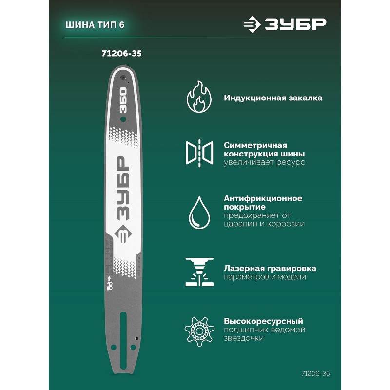 Шина тип 6, 35 см, шаг 3/8", паз 1.1 мм, 52 звена Зубр 71206-35