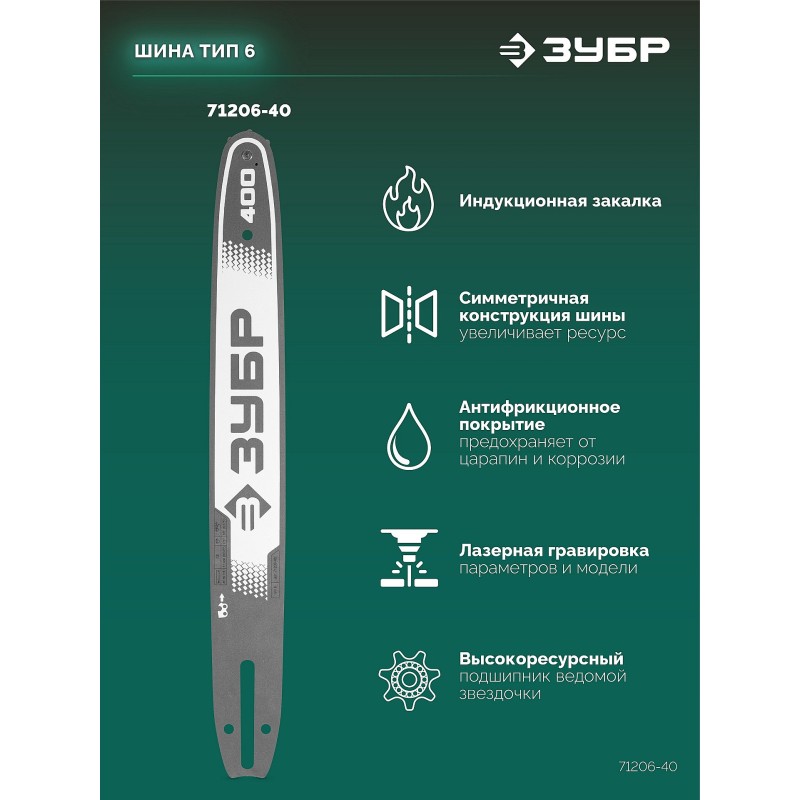 Шина тип 6, 40 см, шаг 3/8", паз 1.1 мм, 57 звеньев Зубр 71206-40