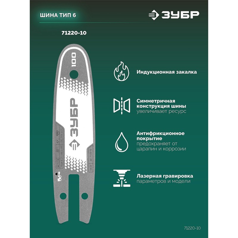 Шина тип 20, 10 см, шаг 3/10", паз 1.1 мм, 28 звеньев Зубр 71220-10