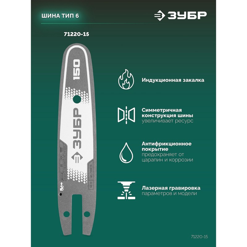 Шина тип 20, 15 см, шаг 3/10", паз 1.1 мм, 34 звеньев Зубр 71220-15