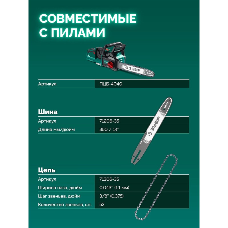 Шина тип 6, 35 см, шаг 3/8", паз 1.1 мм, 52 звена Зубр 71206-35
