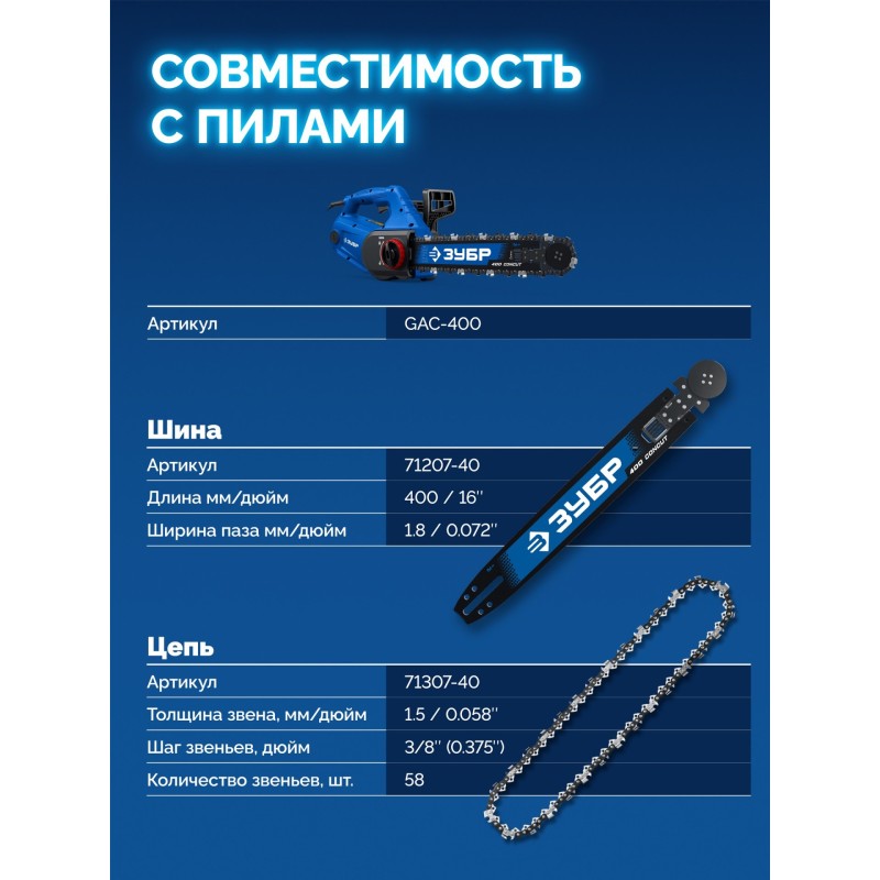 Шина CONCUT тип 7, 40 см, шаг 3/8", паз 1.8 мм, 58 звеньев Зубр 71207-40