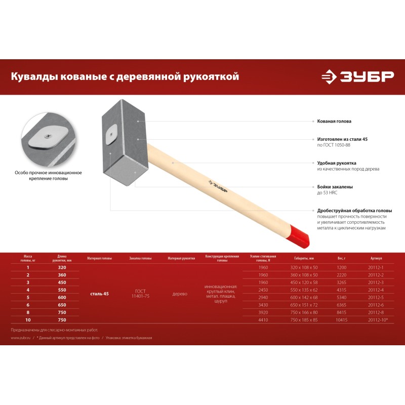 Кованая кувалда 2 кг, деревянная рукоятка 360 мм Зубр 20112-2 Кованая кувалда 2 кг, деревянная рукоятка 360 мм Зубр 20112-2