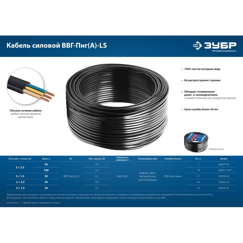 Кабель силовой 100 м ВВГ-Пнг(А)-LS 3x2.5 mm2 Зубр 31996-2012 Кабель силовой 100 м ВВГ-Пнг(А)-LS 3x2.5 mm2 Зубр 31996-2012