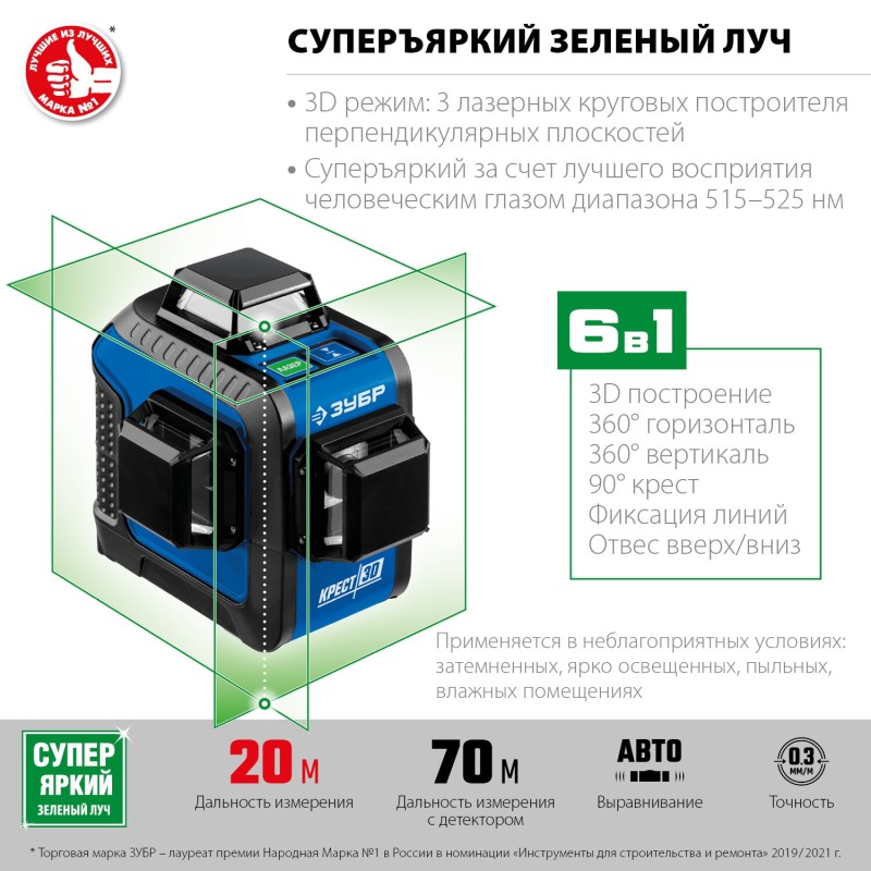 Нивелир лазерный (зеленый луч, крест 3D) Зубр 34909 Нивелир лазерный (зеленый луч, крест 3D) Зубр 34909