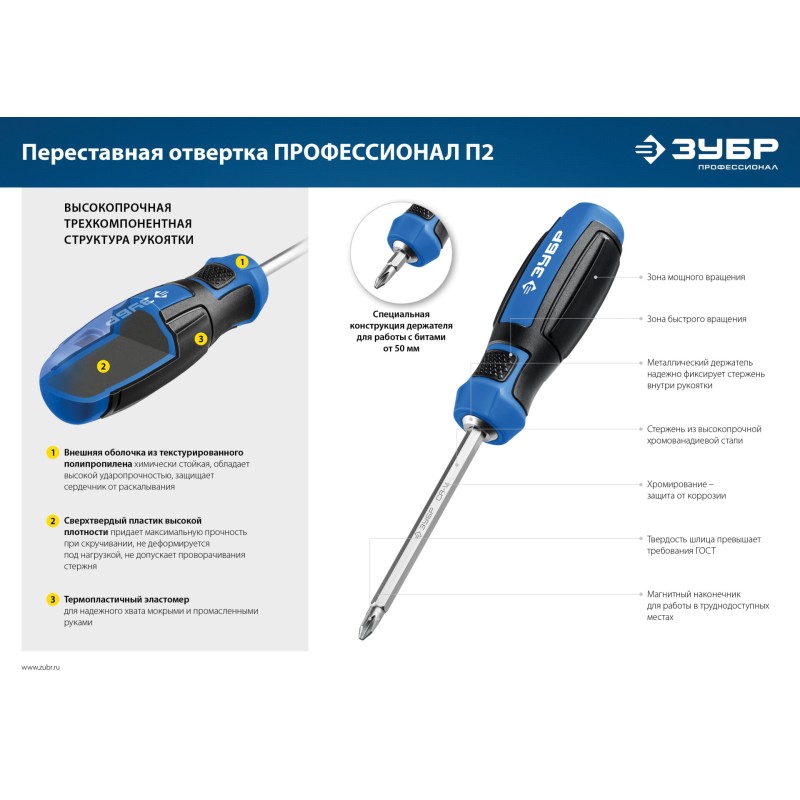 Отвертка переставная SL6 / PH2 Зубр 25029